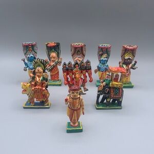Vintage Set of 9 Miniature Hand-Painted Hindu Deities Wooden Figurines